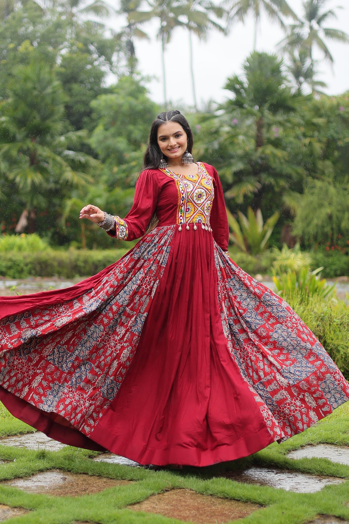 Lorenvalley Maroon Rayon Contrast of Printed with Kutchi Gamthi work Gown | Grocsy