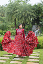 Lorenvalley Maroon Cotton Printed With Kutchi Gamthi Work and Kodi Lace Gown | Grocsy