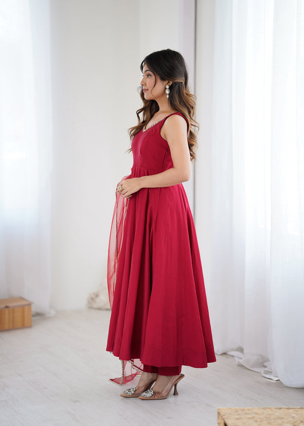 Lorenvalley Fashion Maroon Pure Romansilk Chanderi Fabric Yoke Fancy Lace Work Anarkali Kurta Pant With Dupatta Set | Grocsy