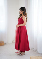 Lorenvalley Fashion Maroon Pure Romansilk Chanderi Fabric Yoke Fancy Lace Work Anarkali Kurta Pant With Dupatta Set | Grocsy