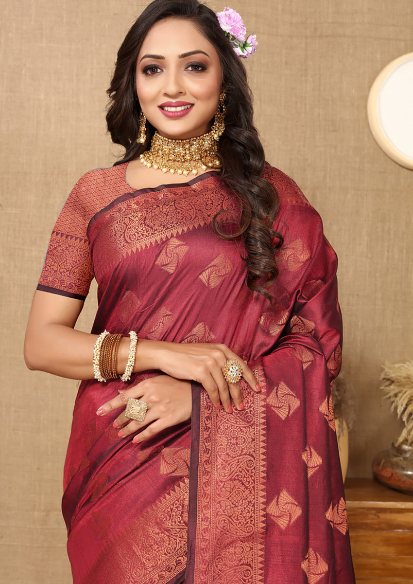 Lorenvalley Fashion Maroon Soft Katan Silk Woven Design Copper Zari Weaving Saree | Grocsy