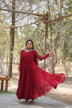 Evanik Maroon Faux Blooming Gown With Dupatta With Rich Sequins Embroidered work | Grocsy