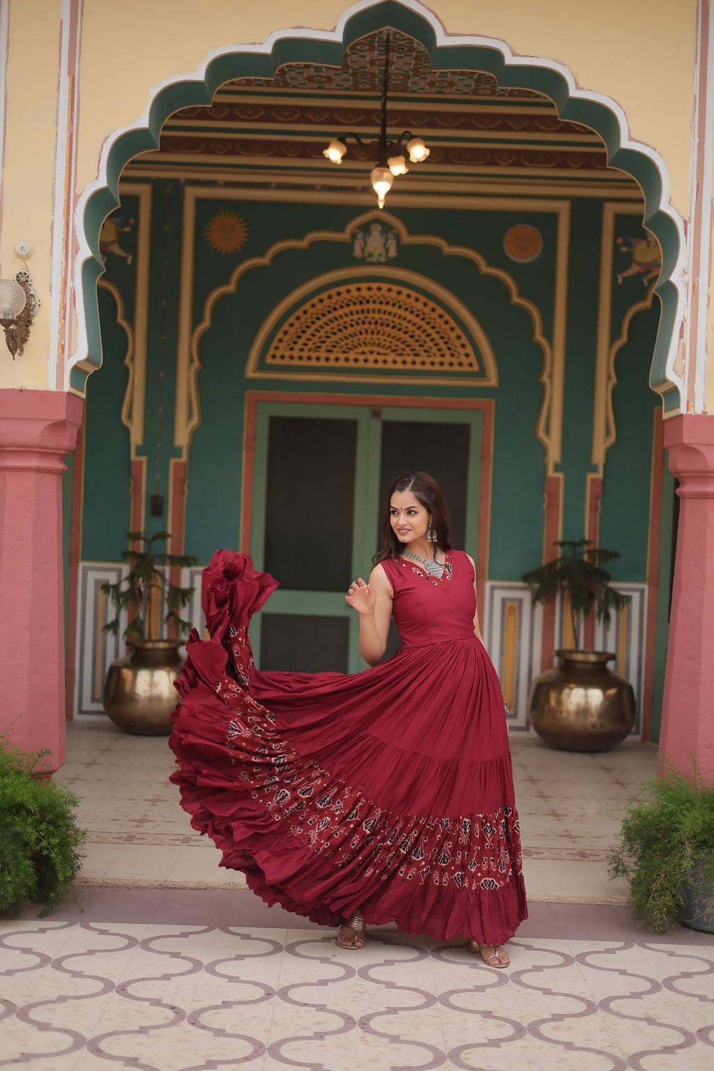 Lorenvalley Maroon Rayon Fabric with Printed Attached In Frill And Neck Gown | Grocsy
