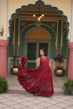 Lorenvalley Maroon Rayon Fabric with Printed Attached In Frill And Neck Gown | Grocsy