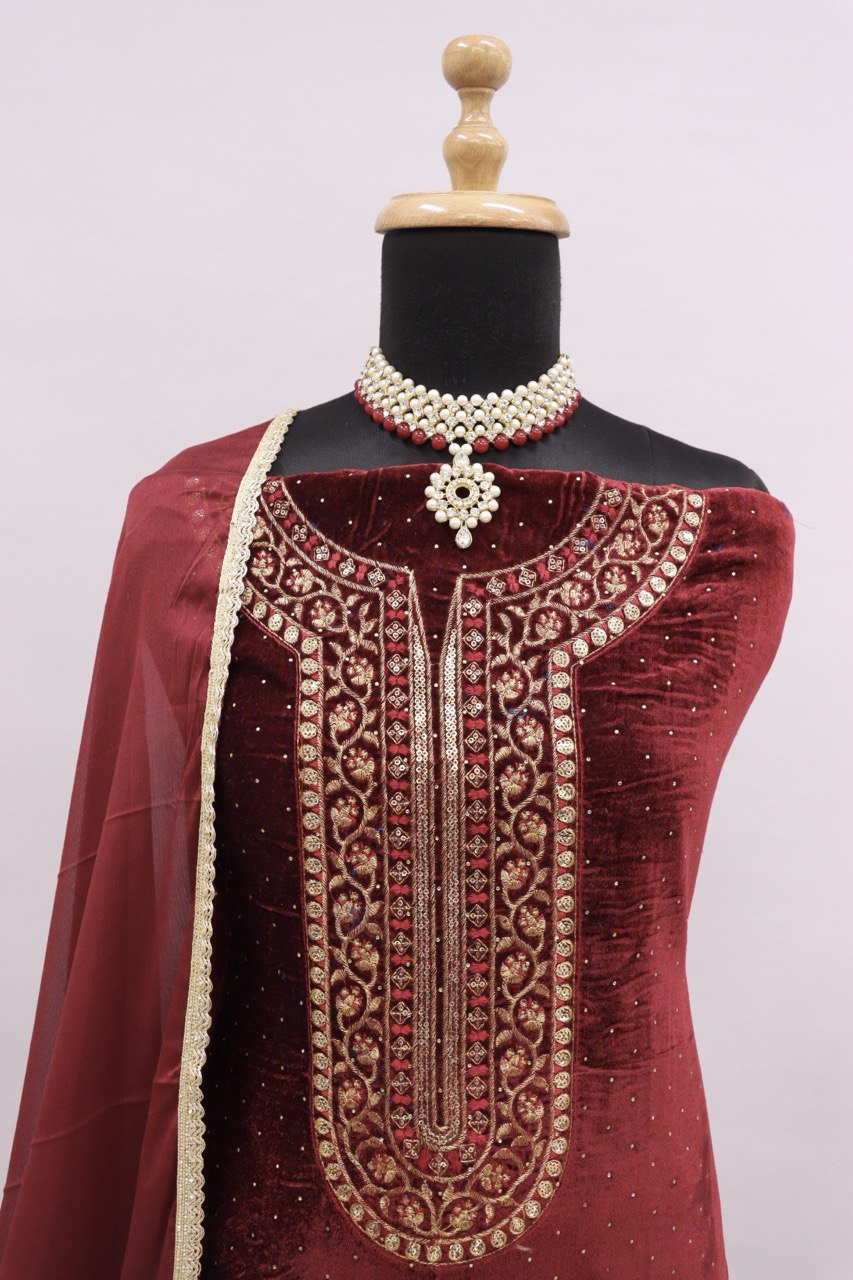 Lorenvalley Fashion Women Maroon Velvet Embroidered Salwar Suit Material | Grocsy