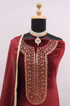 Lorenvalley Fashion Women Maroon Velvet Embroidered Salwar Suit Material | Grocsy