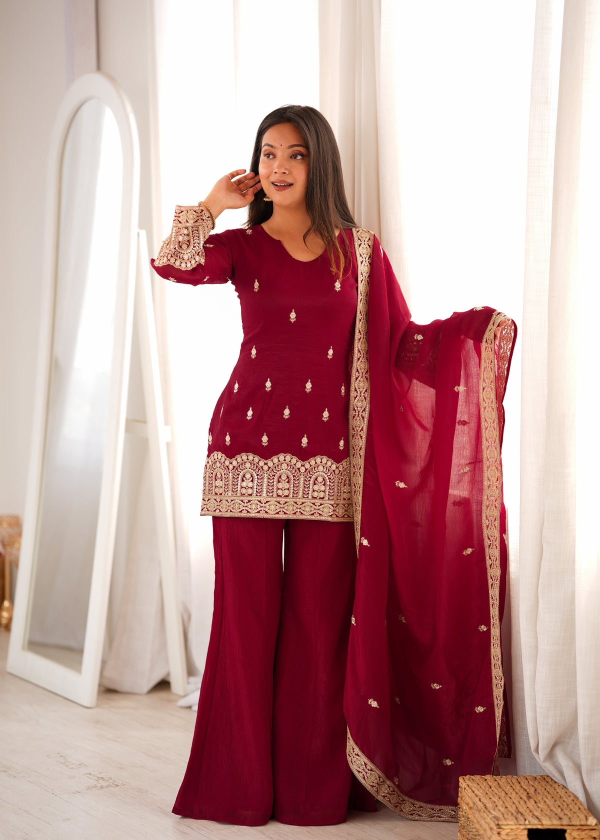 Lorenvalley Fashion Maroon Crunchy Silk with Embroidery Sequence, Dori and Zari Work Kurta Bell Bottom Pants with Dupatta | Grocsy