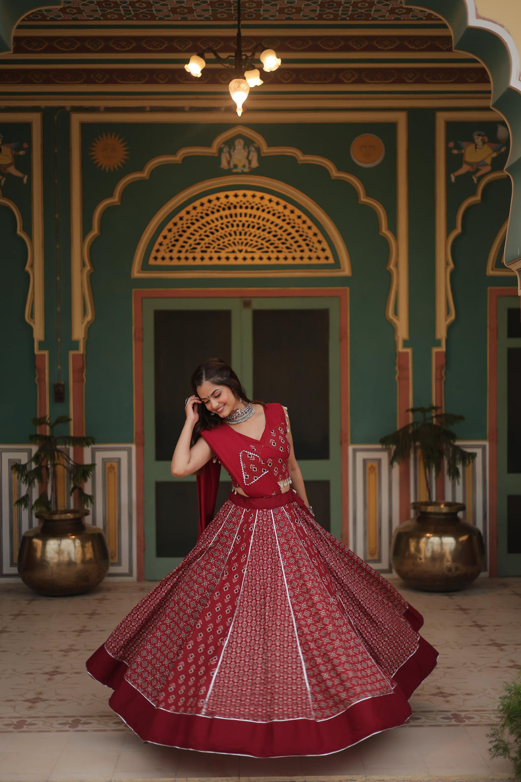 Lorenvalley Maroon Rayon Gota Patti Lace Printed Kali Pattern Lehenga Choli with Dupatta | Grocsy