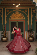 Lorenvalley Maroon Rayon Gota Patti Lace Printed Kali Pattern Lehenga Choli with Dupatta | Grocsy
