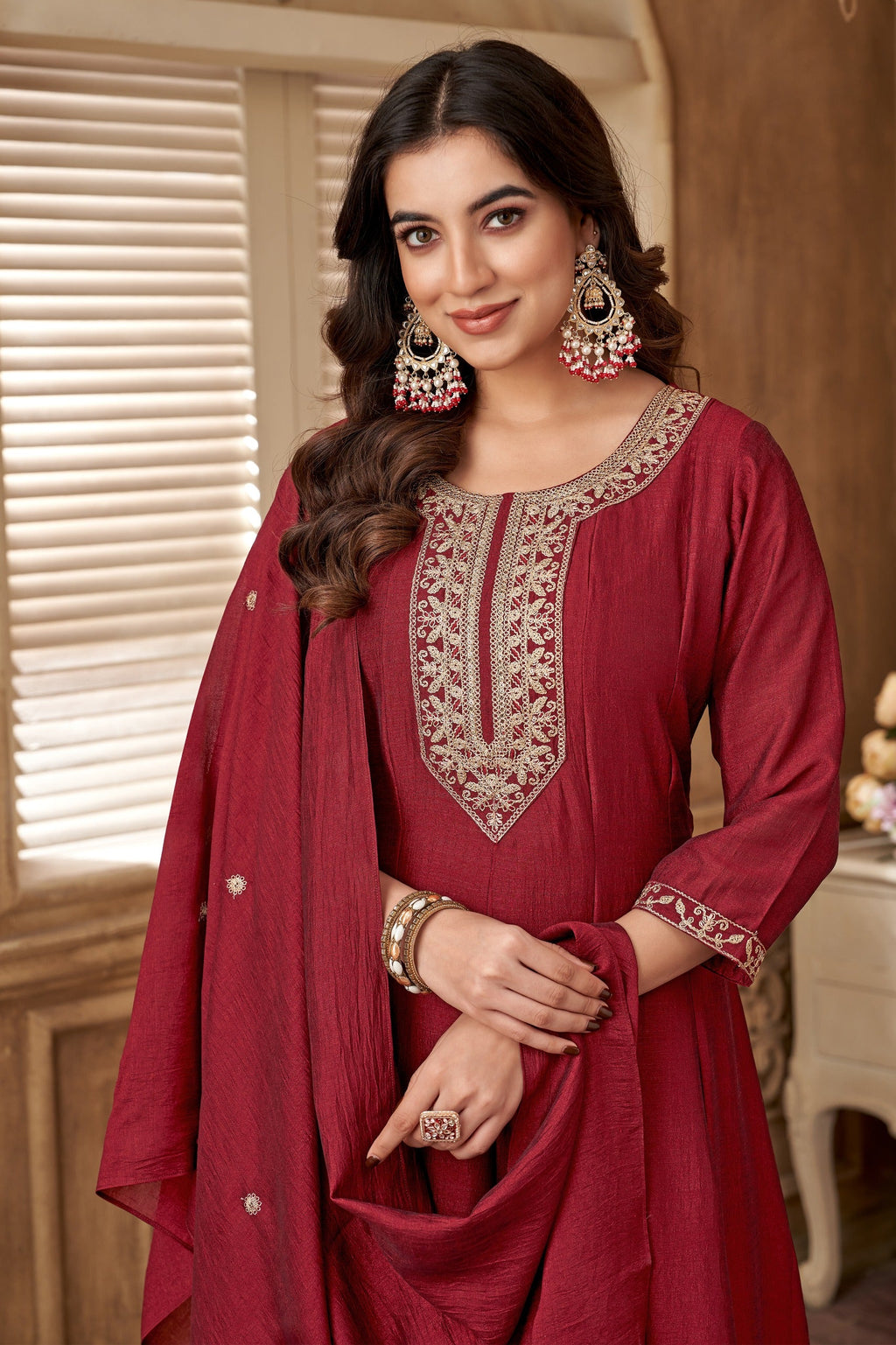Anaita Maroon Anarkali Readymade Suit with Embroidery Work | Grocsy