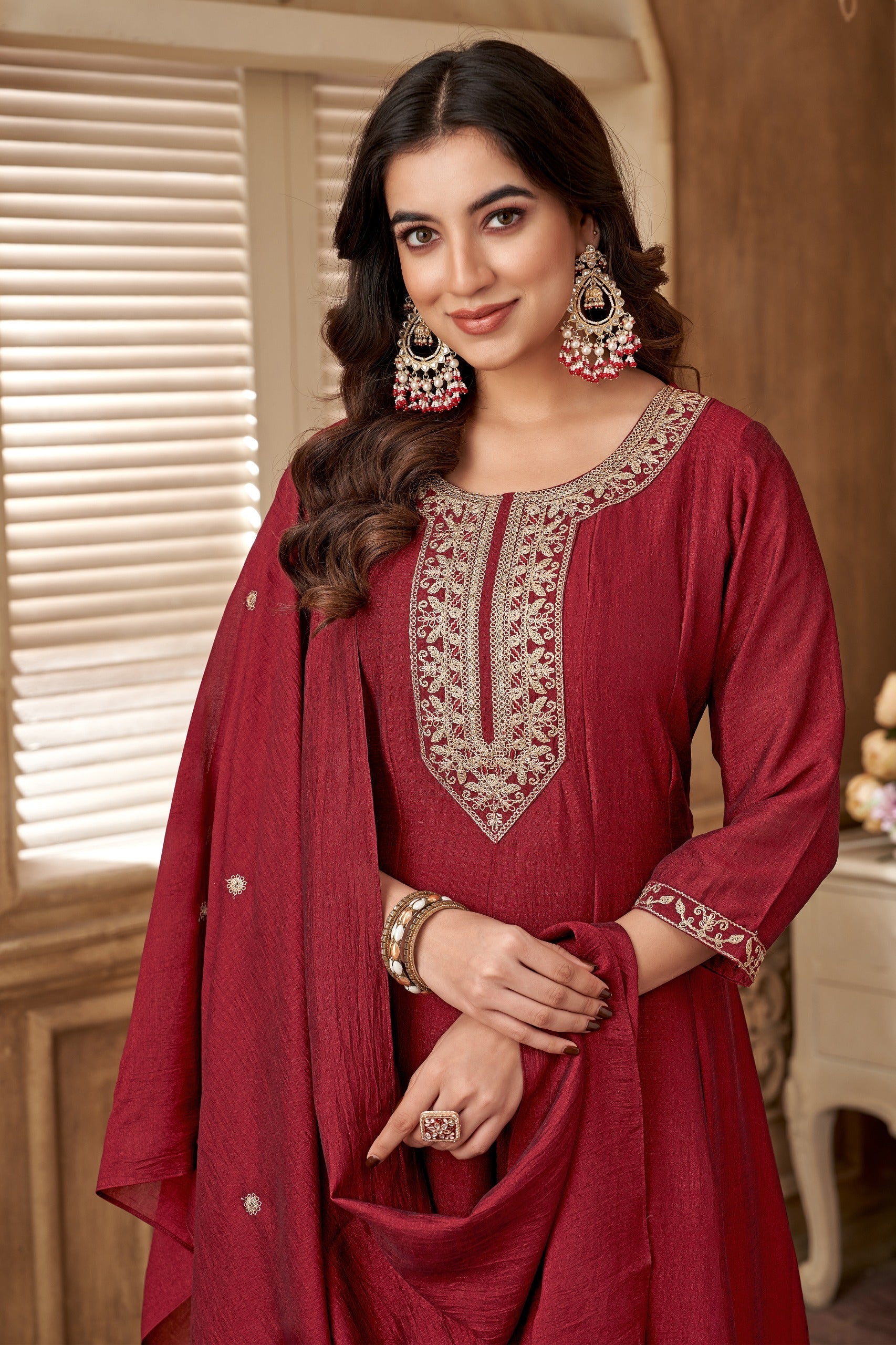 Anaita Maroon Anarkali Readymade Suit with Embroidery Work | Grocsy