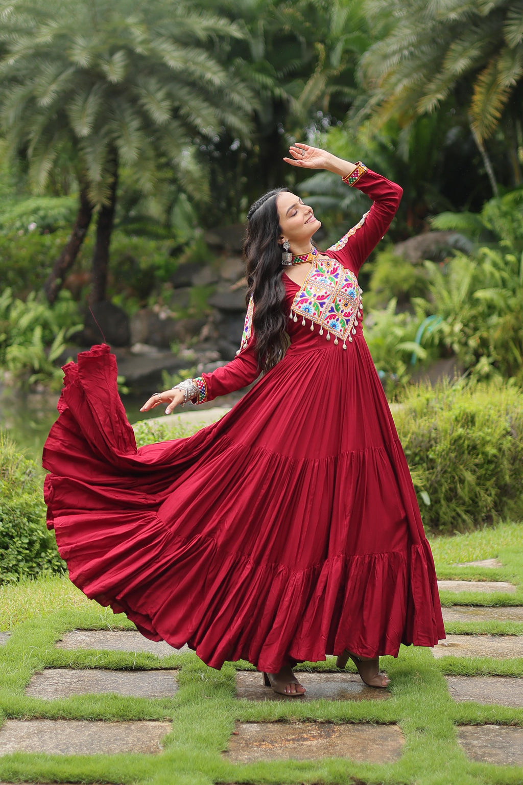 Lorenvalley Maroon Rayon Fabric with Kutchi Gamthi work Gown | Grocsy
