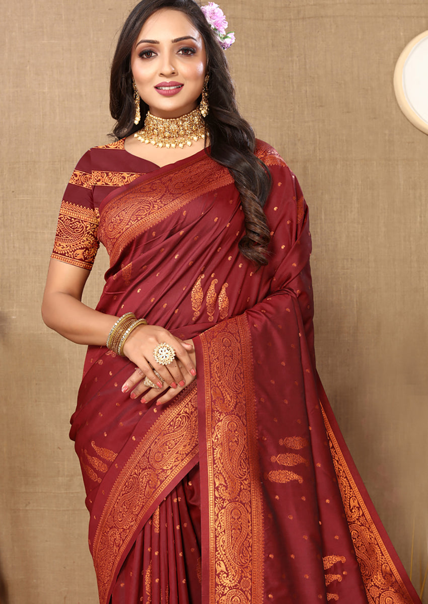 Lorenvalley Fashion Maroon Soft Silk Copper Zari weaving Design Saree | Grocsy