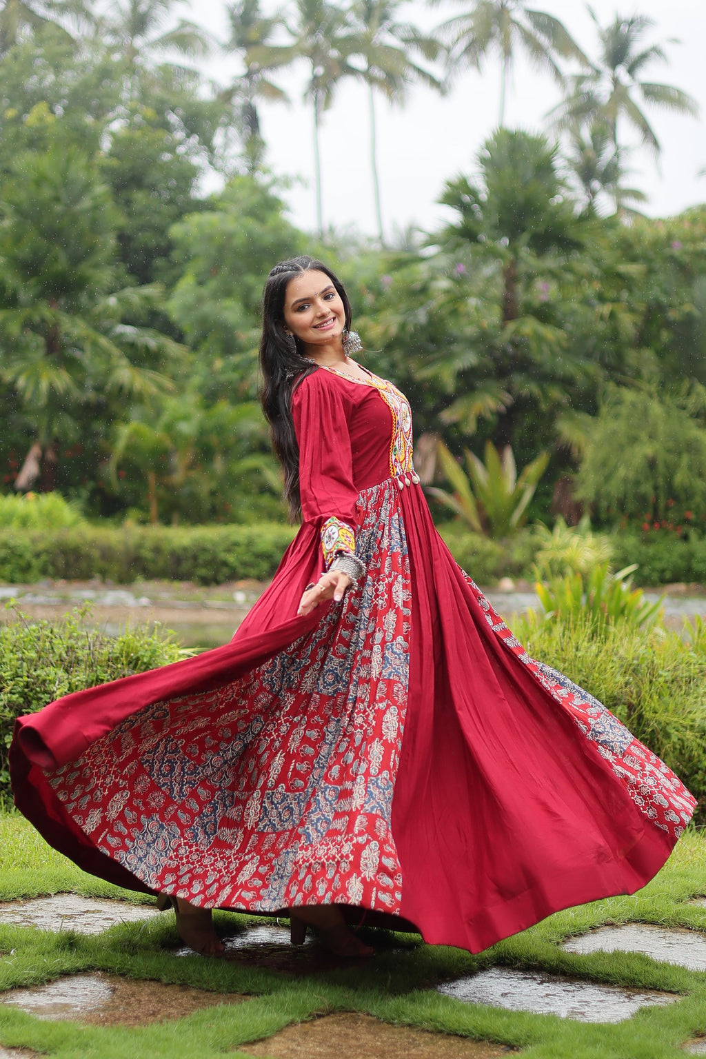 Lorenvalley Maroon Rayon Contrast of Printed with Kutchi Gamthi work Gown | Grocsy