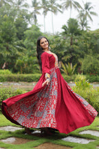Lorenvalley Maroon Rayon Contrast of Printed with Kutchi Gamthi work Gown | Grocsy