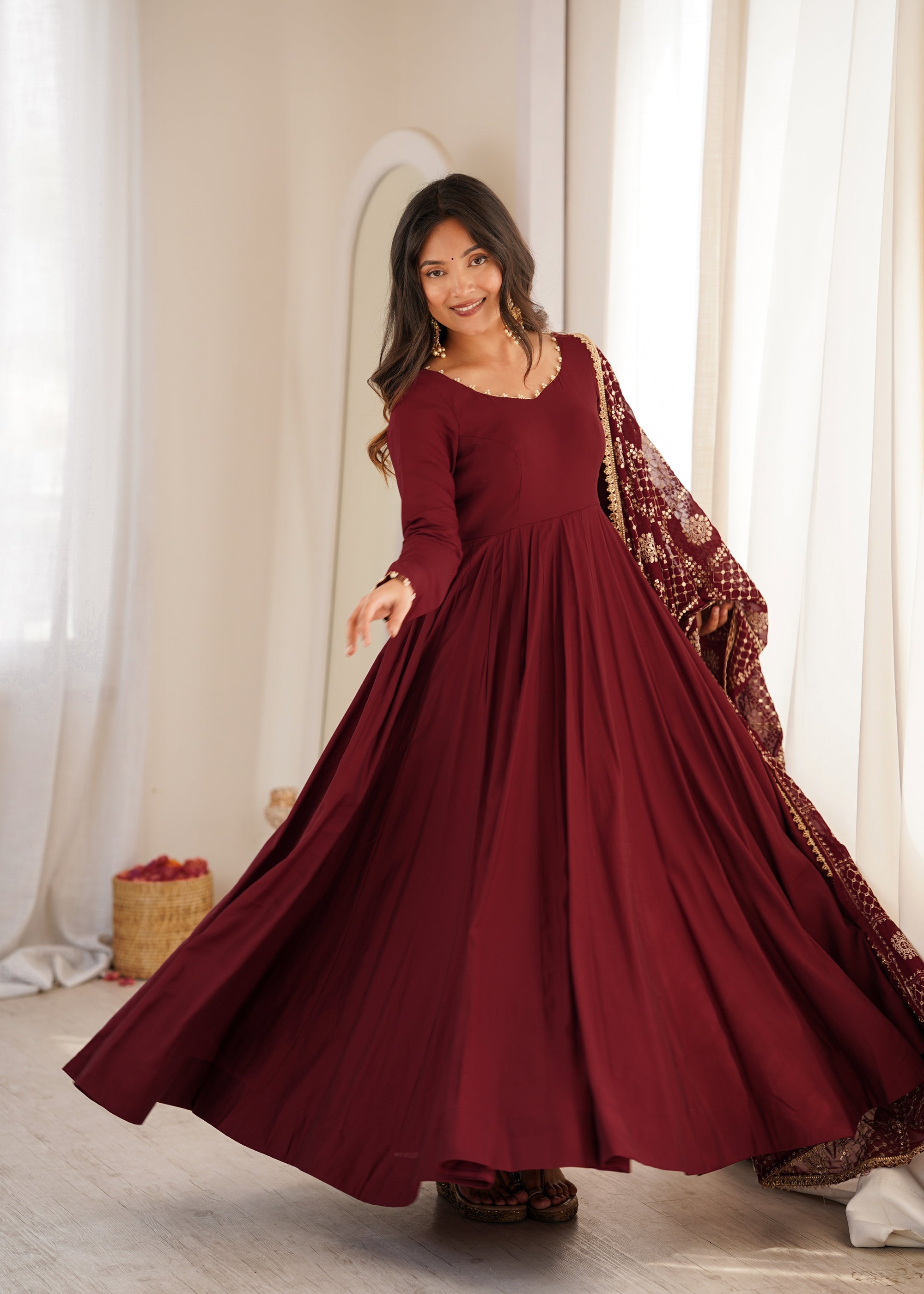 Lorenvalley Fashion Maroon Roman Chanderi Silk 16 Kali Anarkali Gown Pants with Dupatta | Grocsy