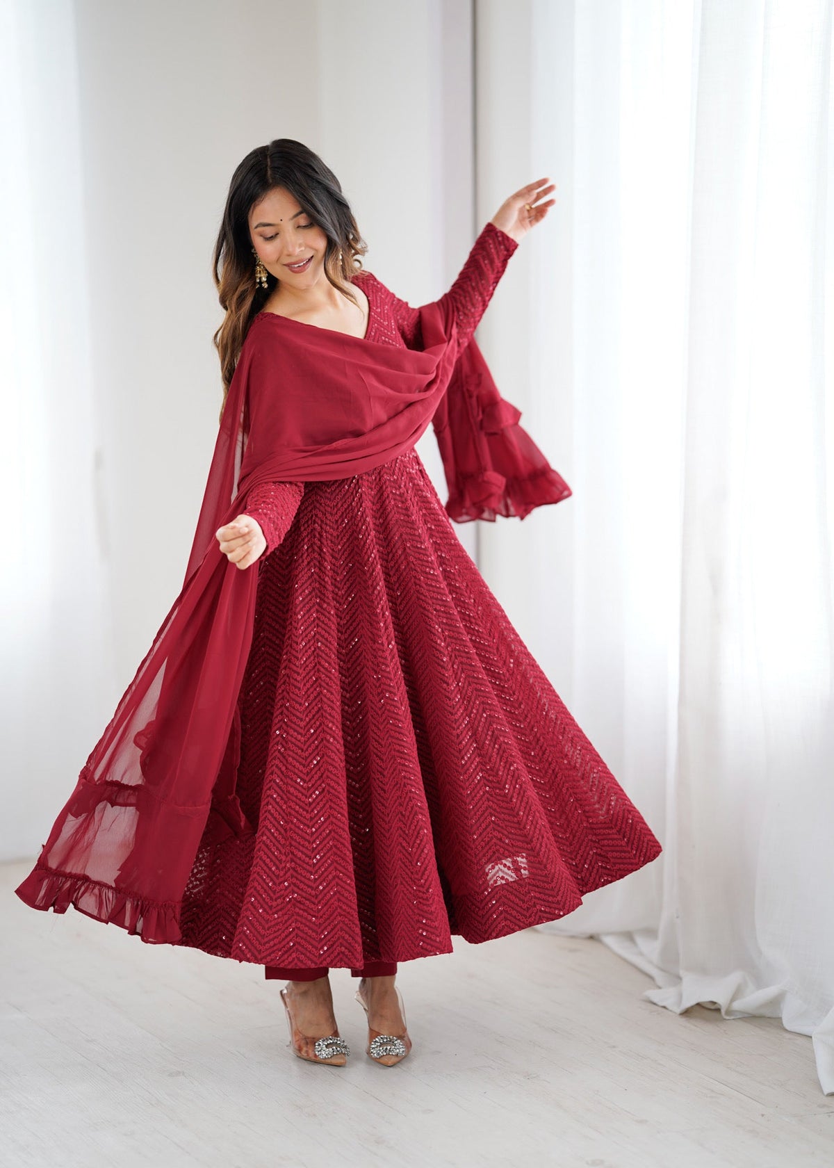 Lorenvalley Fashion Maroon Faux Georgette Lukhnowi Sequence Work Anarkali Kurta Pant With Dupatta Set | Grocsy
