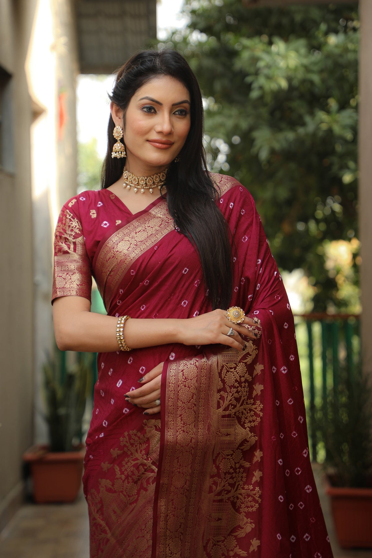Lorenvalley Premium Pure Handmade Bandhej Kanjivaram silk saree with Zari Weaving Rich Pallu saree - Maroon | Grocsy