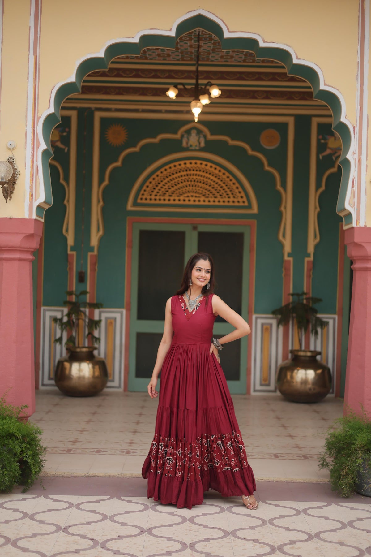 Lorenvalley Maroon Rayon Fabric with Printed Attached In Frill And Neck Gown | Grocsy