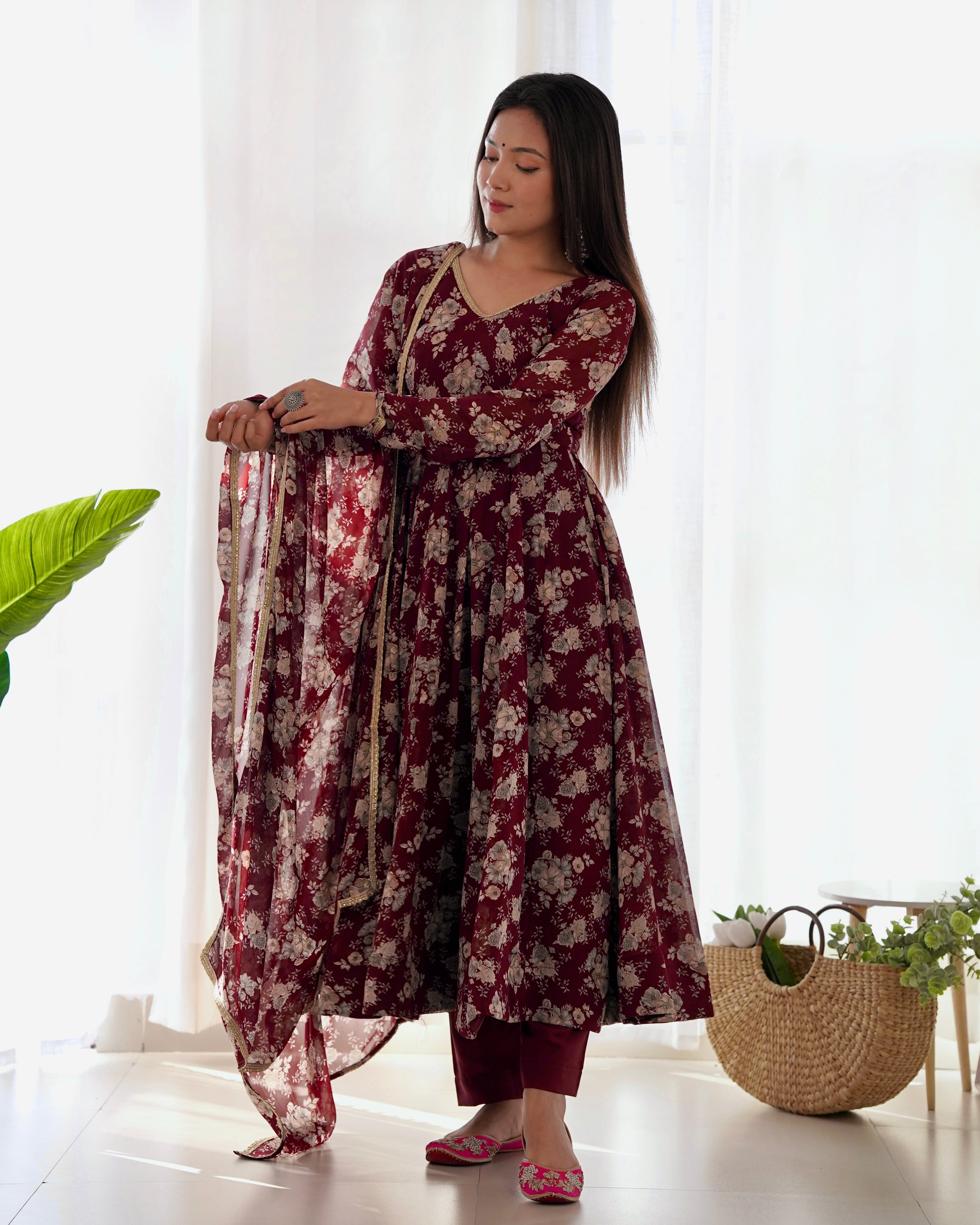 Lorenvalley Pure Faux Georgette Multi Floral Print Fully Flared Anarkali Pant With Dupatta Set - Maroon | Grocsy
