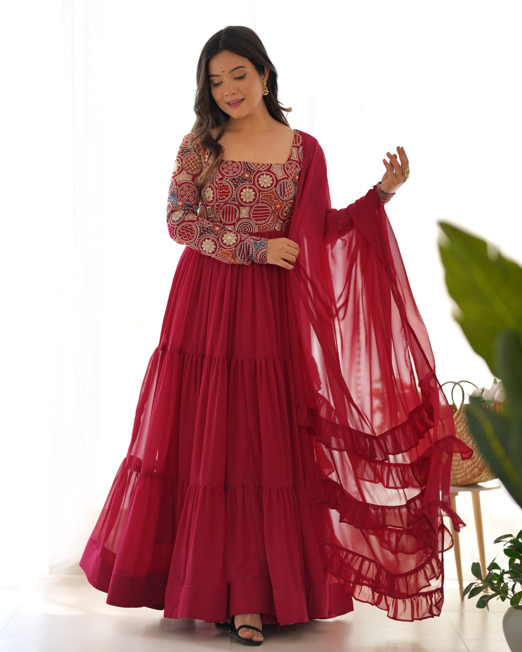 Lorenvalley Fashion Maroon Faux Georgette Embroidery 9 Needle Thread Work Anarkali Pant with Dupatta | Grocsy