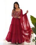 Lorenvalley Fashion Maroon Faux Georgette Embroidery 9 Needle Thread Work Anarkali Pant with Dupatta | Grocsy
