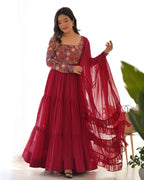Lorenvalley Fashion Maroon Faux Georgette Embroidery 9 Needle Thread Work Anarkali Pant with Dupatta | Grocsy