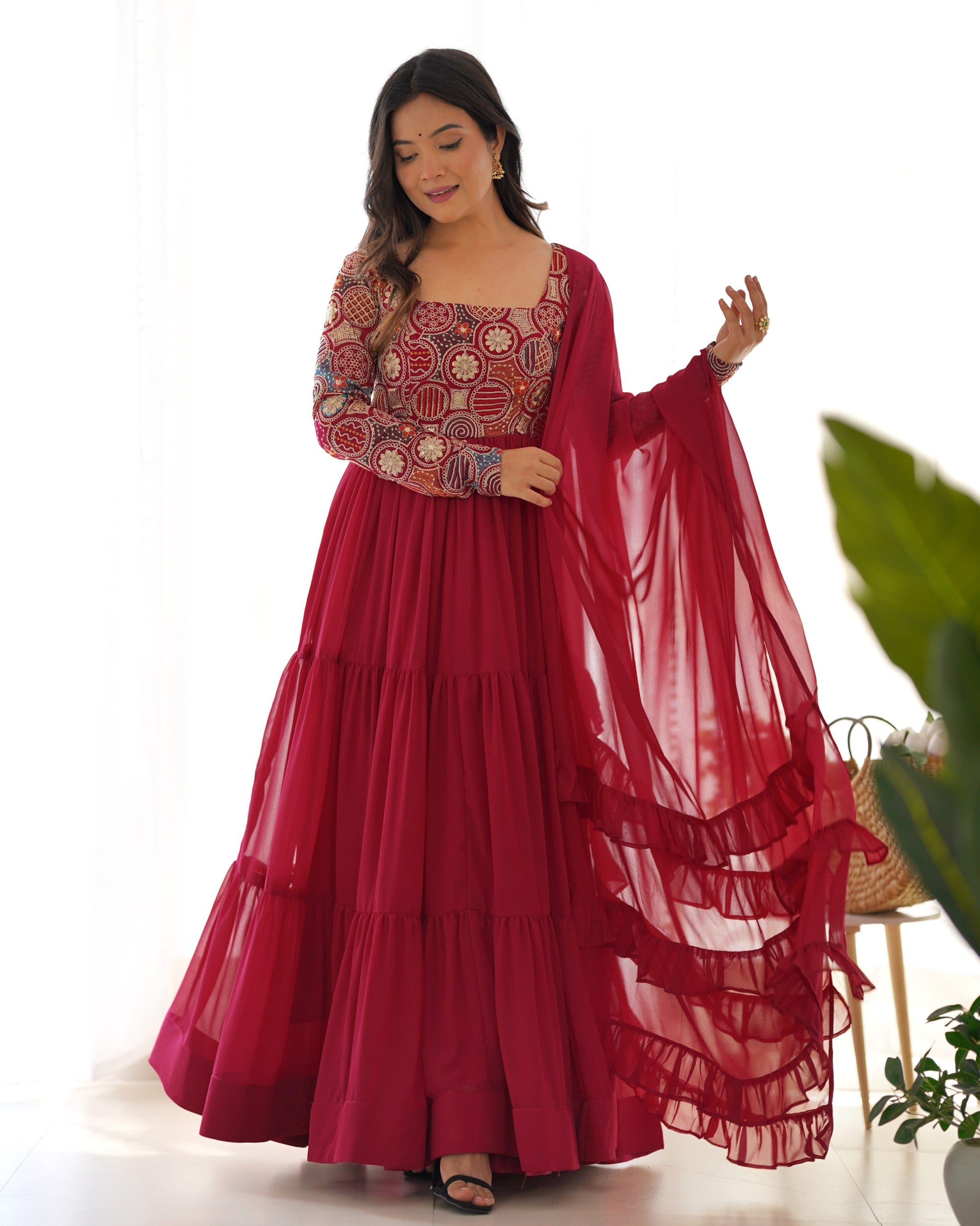 Lorenvalley Fashion Maroon Faux Georgette Embroidery 9 Needle Thread Work Anarkali Pant with Dupatta | Grocsy