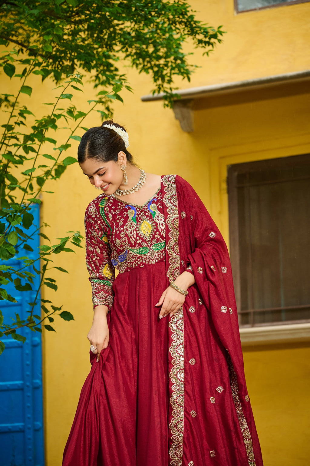 Lorenvalley Fashion Maroon Vichitra Silk with Multi Thread & Embroidered work Anarkali Gown with Dupatta | Grocsy