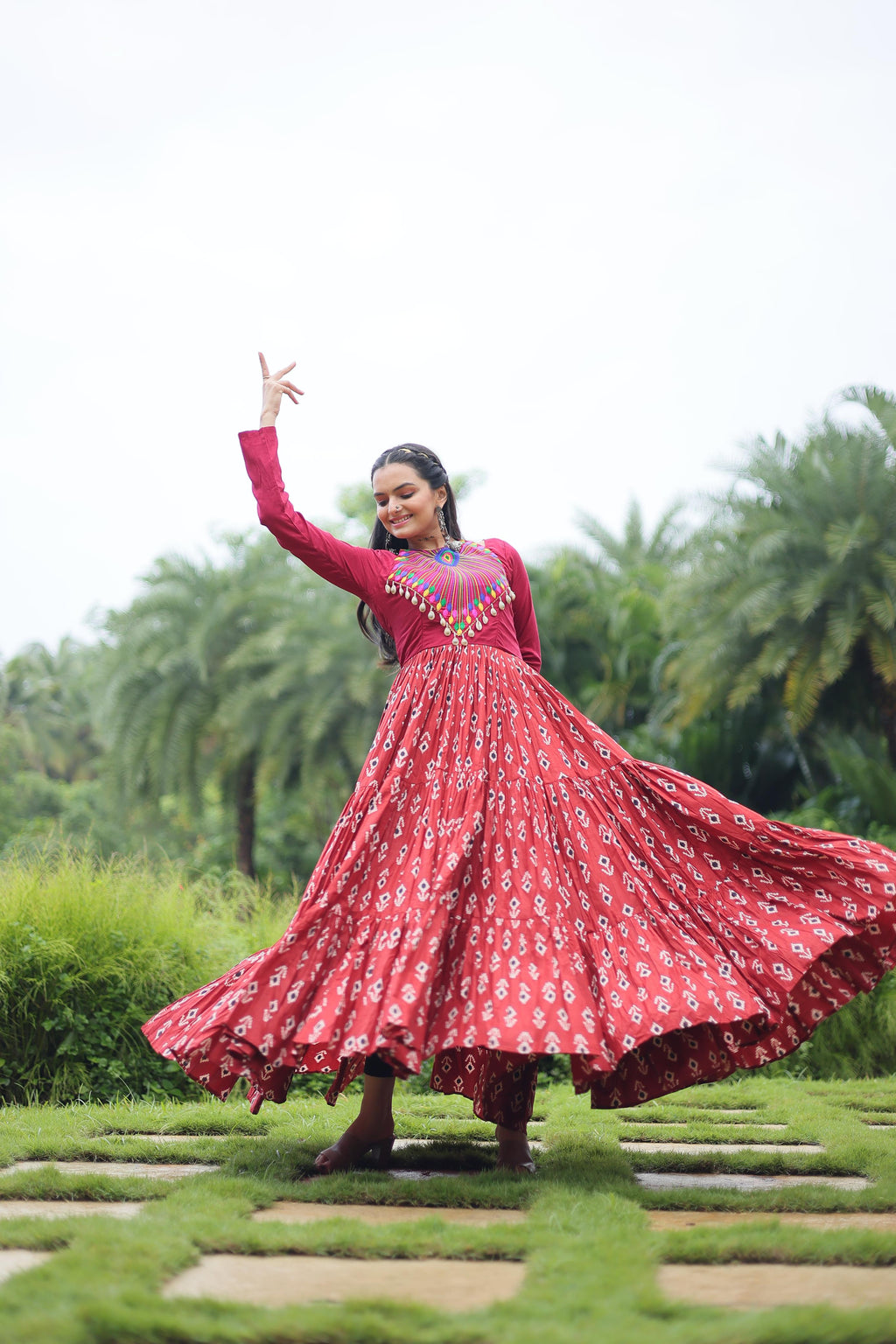 Lorenvalley Maroon Cotton Printed With Kutchi Gamthi Work and Kodi Lace Gown | Grocsy