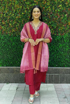 Lorenvalley Fashion Maroon Roman Silk Hand Work Kurta Pant with Dupatta | Grocsy