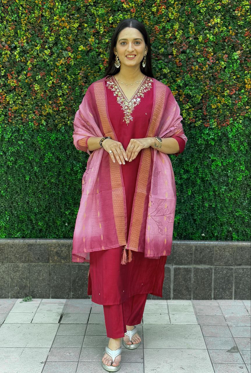Lorenvalley Fashion Maroon Roman Silk Hand Work Kurta Pant with Dupatta | Grocsy