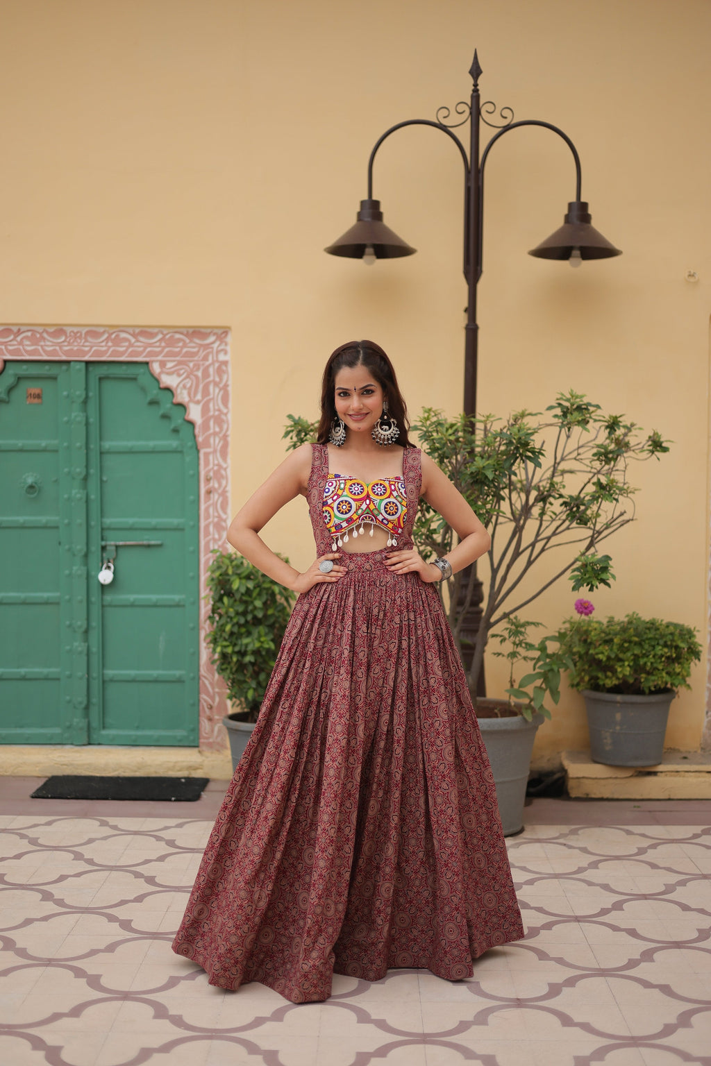Lorenvalley Maroon Printed Cotton With Kutchi Gamthi Work and Kodi Lace Gown | Grocsy
