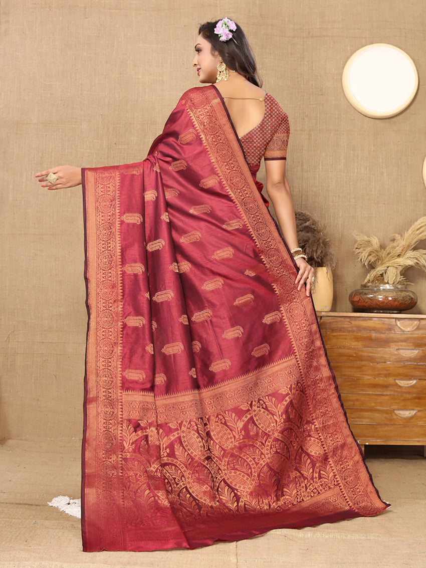 Lorenvalley Fashion Maroon Soft Katan Silk Woven Design Copper Zari Weaving Saree | Grocsy