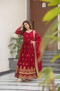Lorenvalley Fashion Maroon Faux Georgette with Zari & Sequins Embroidered Work Anarkali Gown with Dupatta | Grocsy