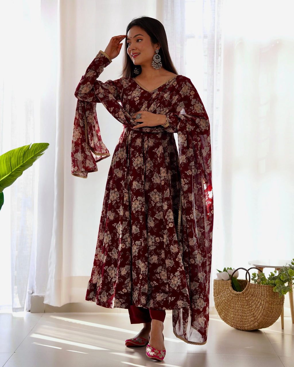 Lorenvalley Pure Faux Georgette Multi Floral Print Fully Flared Anarkali Pant With Dupatta Set - Maroon | Grocsy