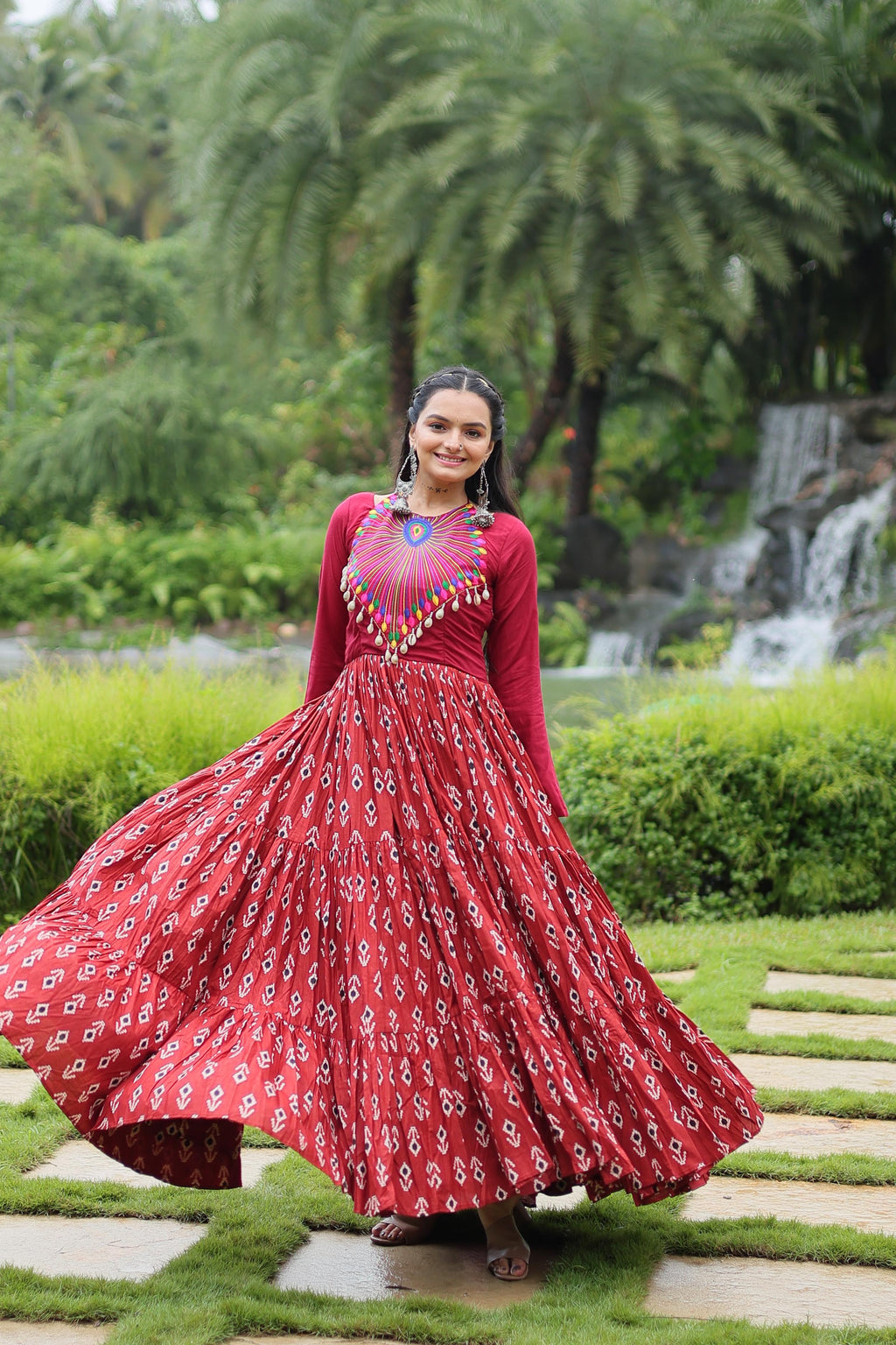 Lorenvalley Maroon Cotton Printed With Kutchi Gamthi Work and Kodi Lace Gown | Grocsy