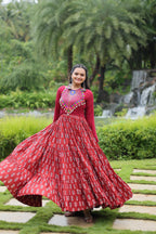 Lorenvalley Maroon Cotton Printed With Kutchi Gamthi Work and Kodi Lace Gown | Grocsy
