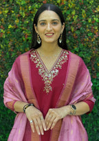 Lorenvalley Fashion Maroon Roman Silk Hand Work Kurta Pant with Dupatta | Grocsy