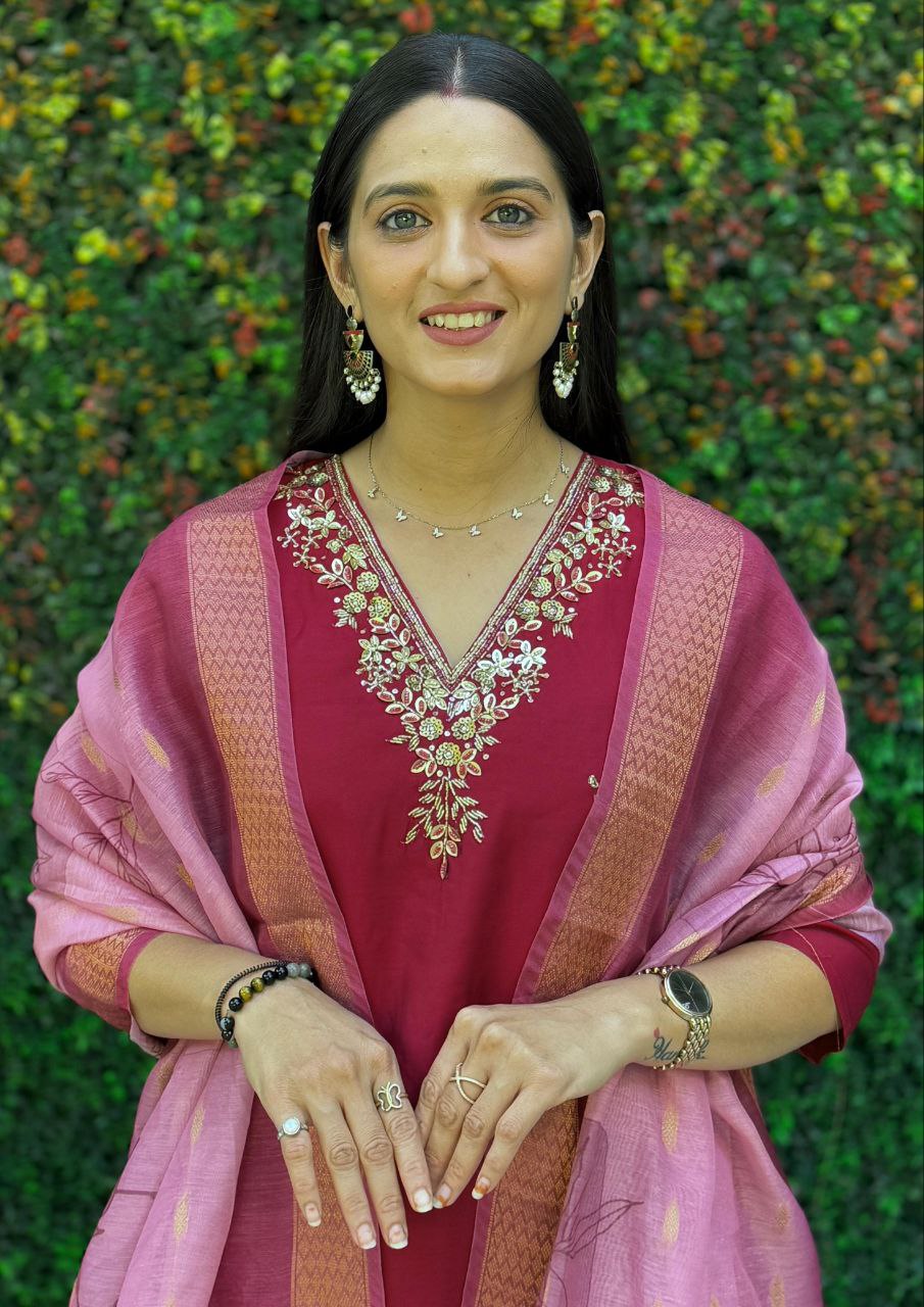 Lorenvalley Fashion Maroon Roman Silk Hand Work Kurta Pant with Dupatta | Grocsy