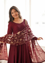 Lorenvalley Fashion Maroon Roman Chanderi Silk 16 Kali Anarkali Gown Pants with Dupatta | Grocsy