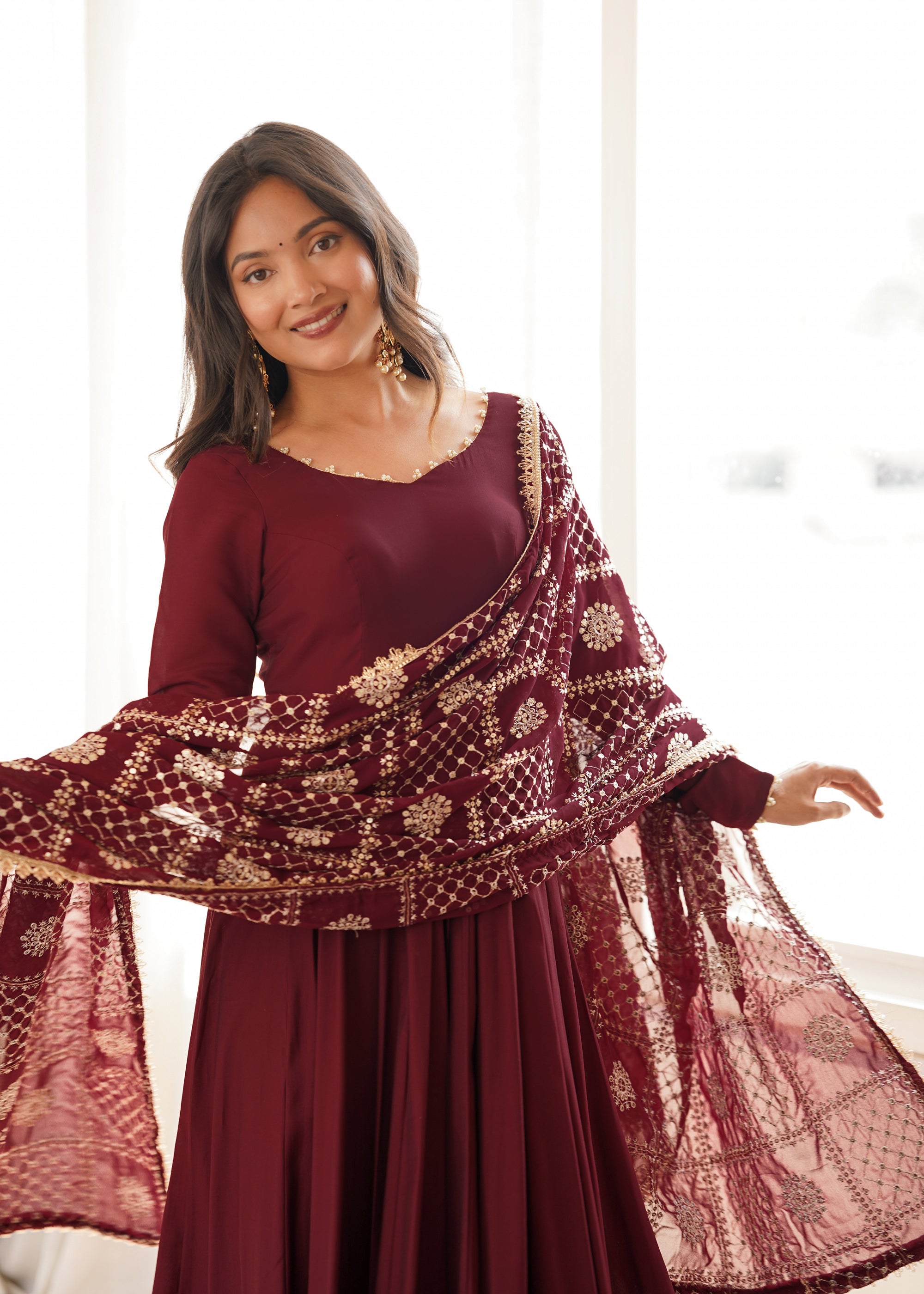 Lorenvalley Fashion Maroon Roman Chanderi Silk 16 Kali Anarkali Gown Pants with Dupatta | Grocsy