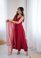 Lorenvalley Fashion Maroon Pure Romansilk Chanderi Fabric Yoke Fancy Lace Work Anarkali Kurta Pant With Dupatta Set | Grocsy