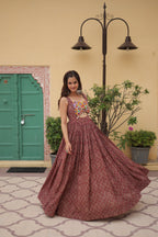 Lorenvalley Maroon Printed Cotton With Kutchi Gamthi Work and Kodi Lace Gown | Grocsy