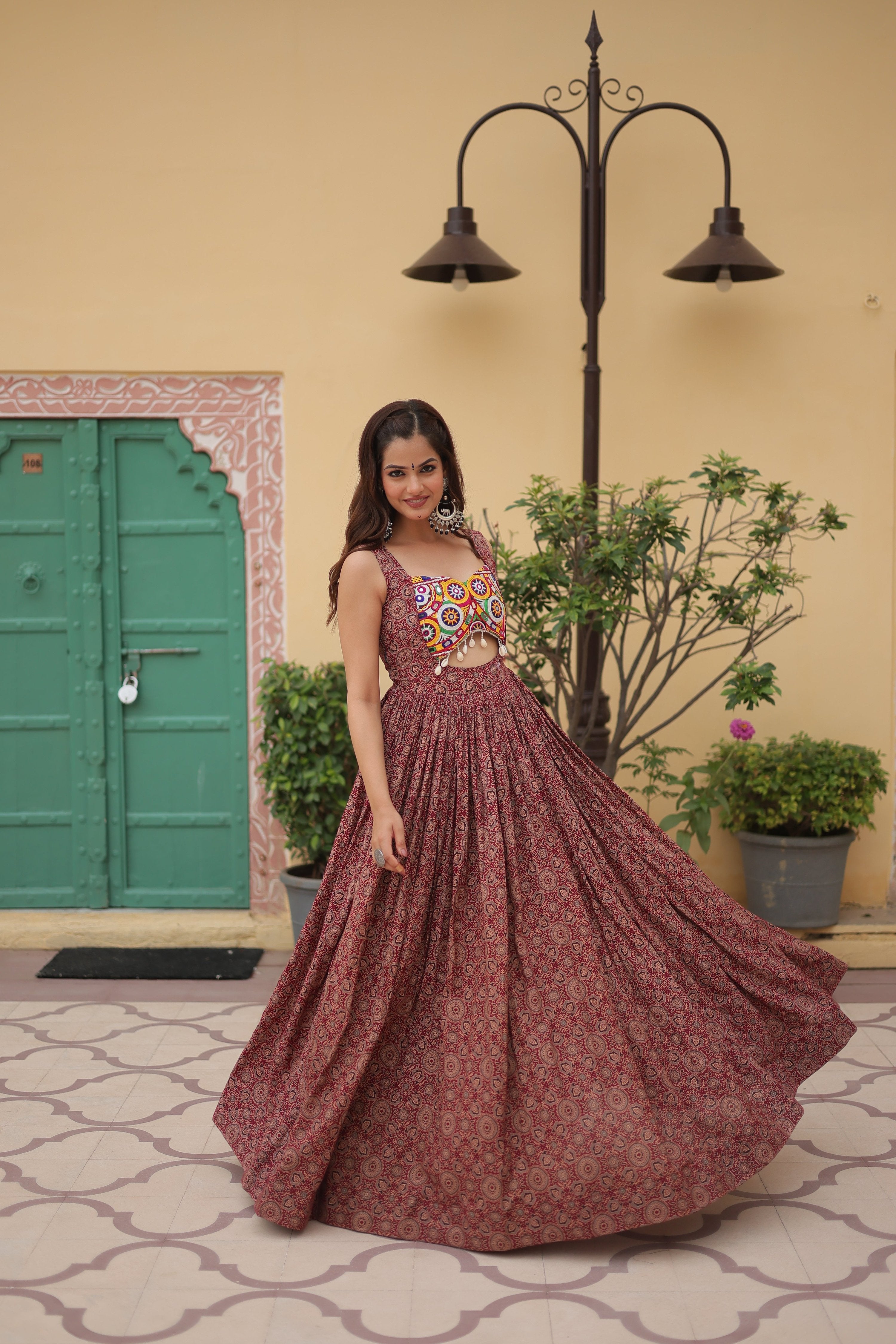 Lorenvalley Maroon Printed Cotton With Kutchi Gamthi Work and Kodi Lace Gown | Grocsy