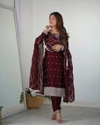 Lorenvalley Maroon Rangoli Silk Embroidery Sequence And Thread Work Kurta Trousers with Dupatta Set | Grocsy