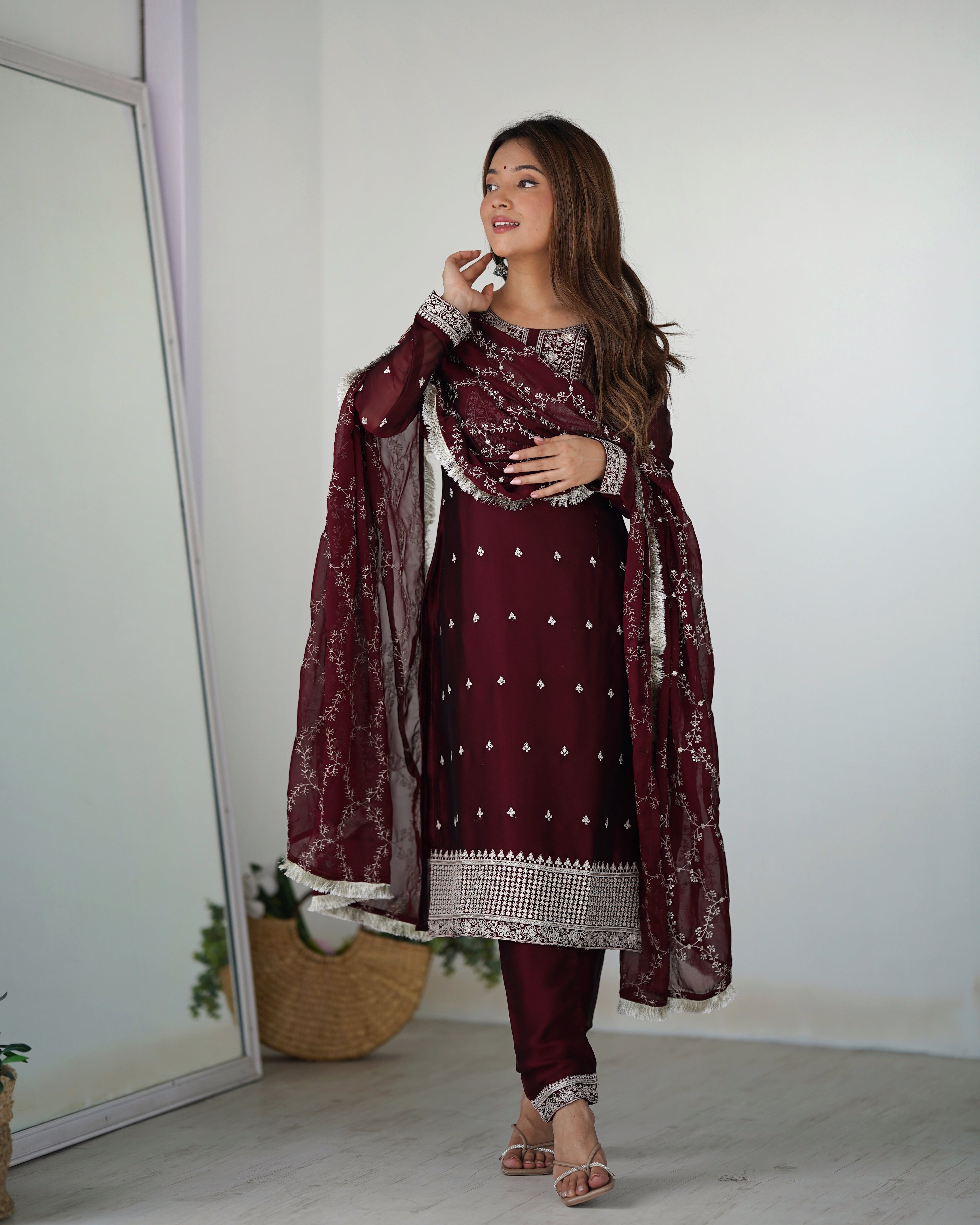 Lorenvalley Maroon Rangoli Silk Embroidery Sequence And Thread Work Kurta Trousers with Dupatta Set | Grocsy