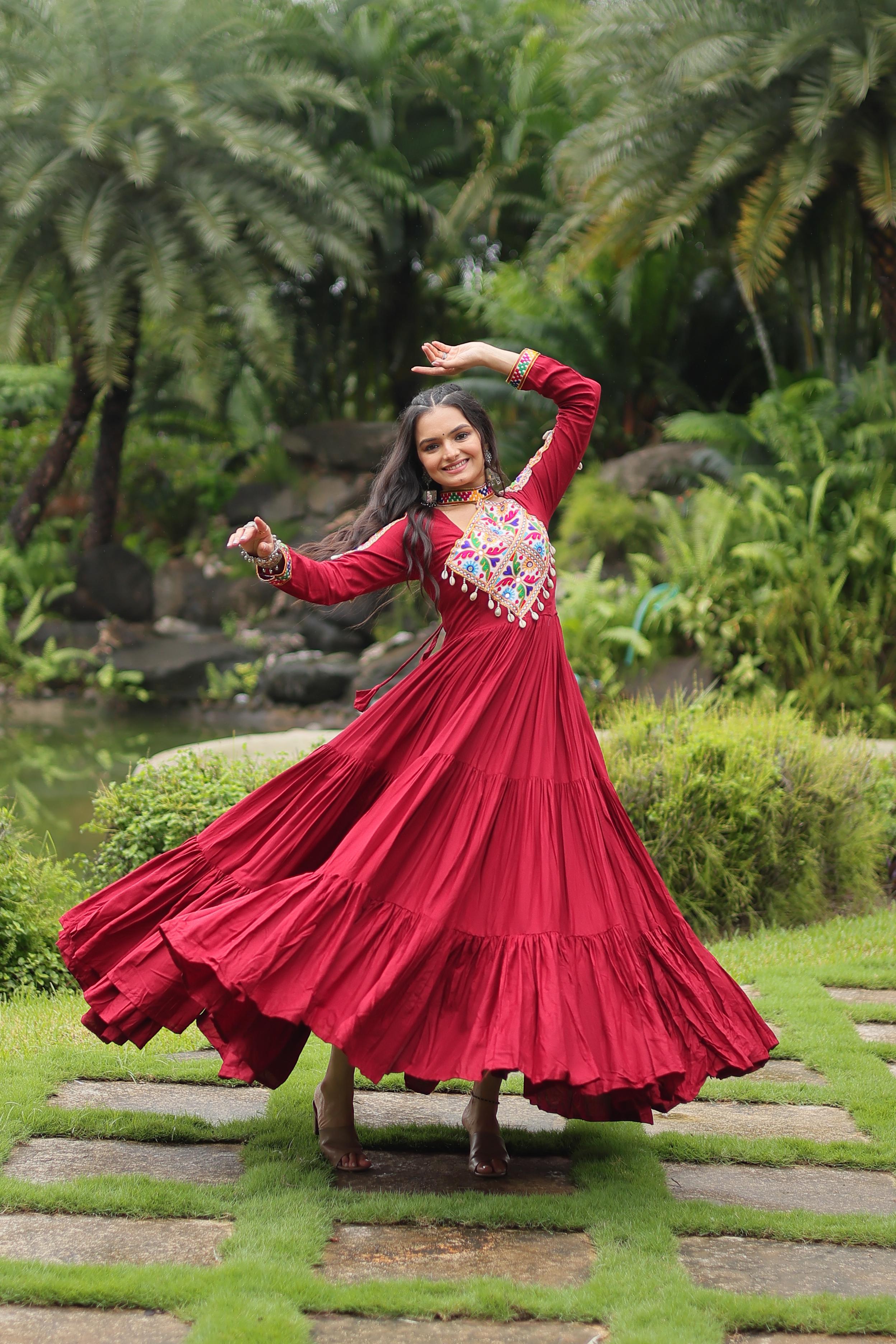 Lorenvalley Maroon Rayon Fabric with Kutchi Gamthi work Gown | Grocsy