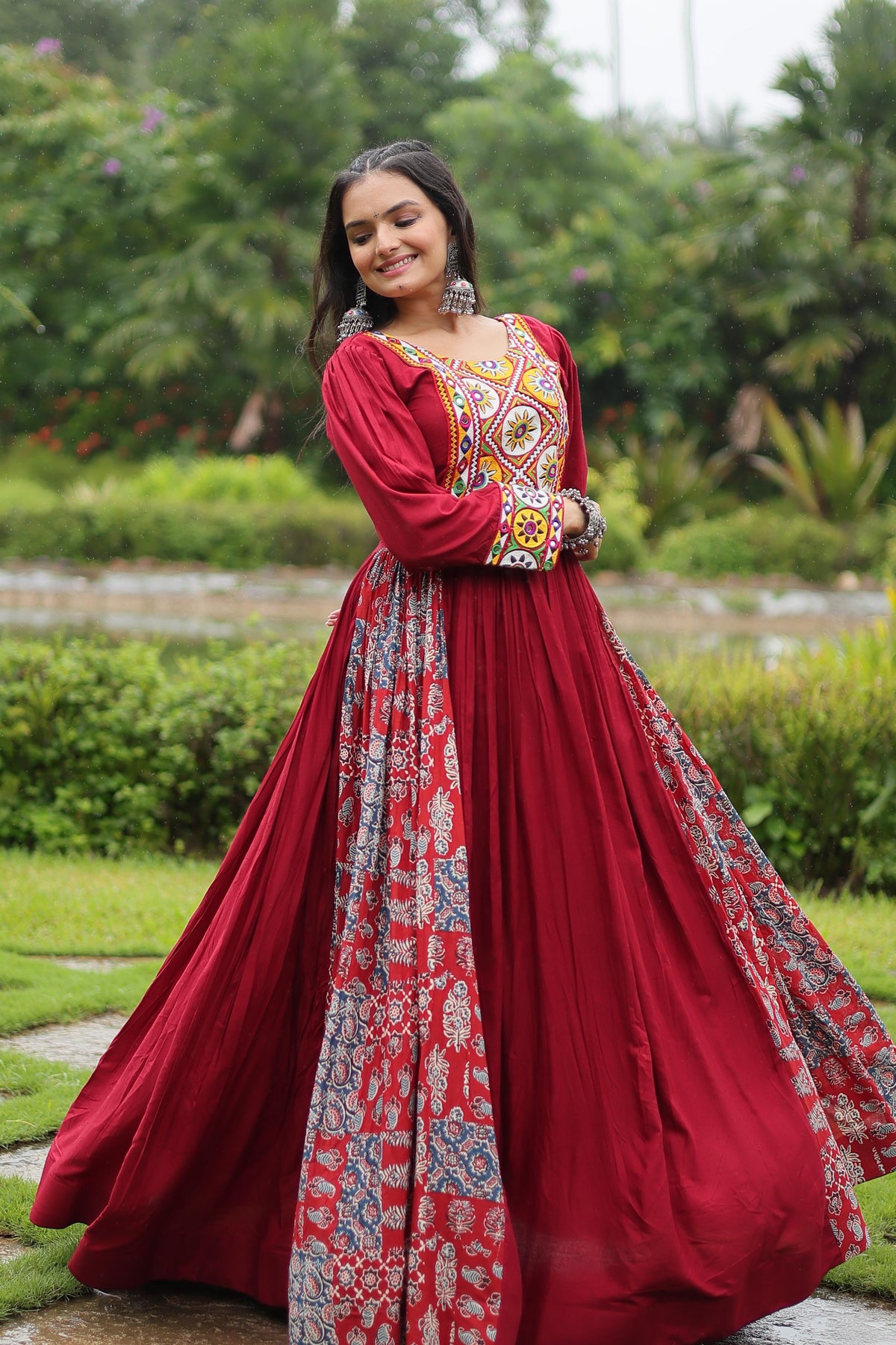 Lorenvalley Maroon Rayon Contrast of Printed with Kutchi Gamthi work Gown | Grocsy