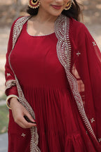 Evanik Maroon Faux Blooming Gown With Dupatta With Rich Sequins Embroidered work | Grocsy
